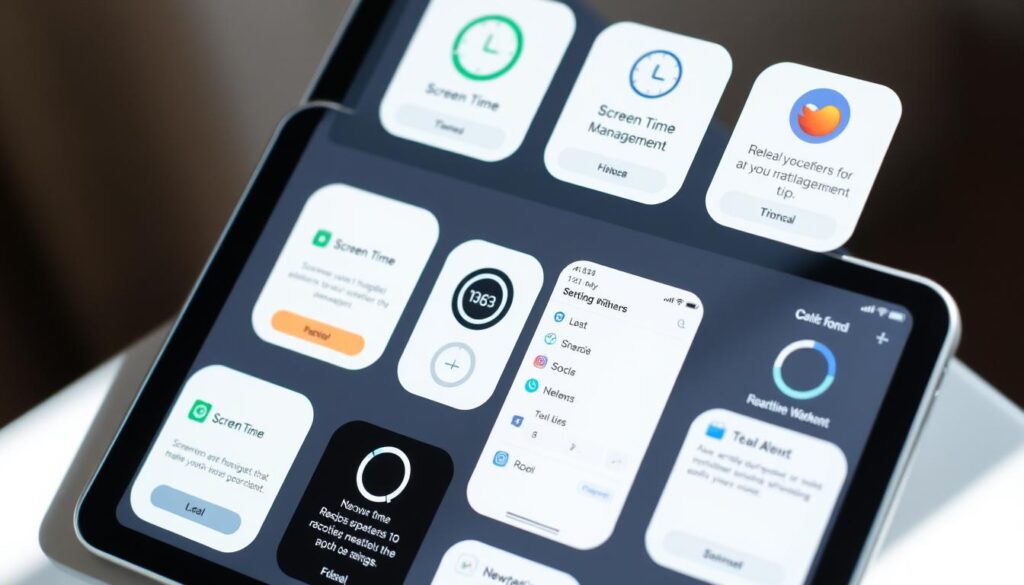 A neatly organized display of various screen time management applications on a sleek, minimalist device. The apps are presented with clear, intuitive icons and user-friendly interfaces, allowing effortless navigation and customization of digital wellbeing settings. The device is illuminated by soft, natural lighting, creating a calming and focused atmosphere. The composition emphasizes the practical and accessible nature of these tools, inviting the viewer to explore and discover ways to achieve a healthier balance between technology and daily life.