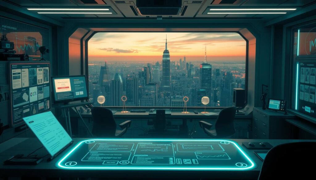 A neon-lit futuristic workspace, filled with an array of advanced AI tools for writing and content generation. In the foreground, a sleek holographic interface with customizable templates and workflow automation. In the middle ground, a team of digital assistants, each specialized in task-specific language models, brainstorming ideas and refining content. The background showcases a panoramic city skyline, reflecting the seamless integration of these cutting-edge technologies into the daily lives of modern professionals. Soft, ambient lighting creates a serene and productive atmosphere, while a cinematic camera angle emphasizes the scale and sophistication of this AI-powered writing ecosystem.