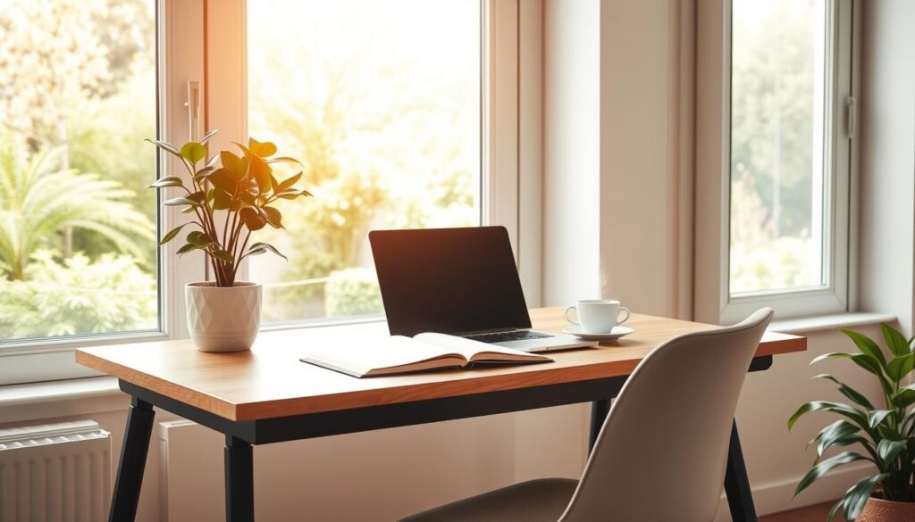 A peaceful home office with a desk, chair, and potted plant. Warm, natural lighting filters through large windows, creating a calm, productive atmosphere. On the desk, a laptop, notebook, and a cup of coffee, symbolizing the balance between technology and self-care. In the background, a distant view of a lush, green garden, suggesting the importance of connecting with nature. The overall scene conveys a sense of harmony and mindfulness, where technology is integrated seamlessly into a well-rounded lifestyle.