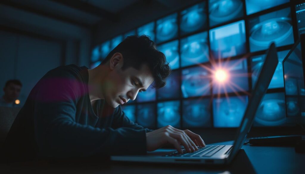 A person slumped over a desk, eyes strained, fingers tapping relentlessly on a laptop. Dim lighting casts shadows, creating a somber, fatigued atmosphere. In the background, a wall of screens emits a harsh, blue-tinged glow, symbolizing the overwhelming digital landscape. Lens flares and blurred edges add a sense of visual distress, mirroring the subject's mental state. The scene conveys the profound impact of excessive screen time - a state of physical and mental exhaustion, a disconnection from the real world, and the inability to find balance in the digital age.