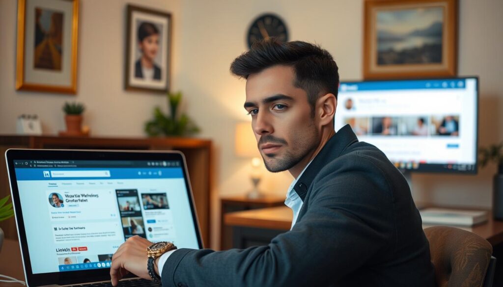 A professional LinkedIn user sitting at a desk, focused on their laptop screen, with the LinkedIn interface prominently displayed. The environment is a home office setting, with tasteful decor and warm, indirect lighting. The user's expression conveys determination and a sense of purpose, as they engage in the remote job search process. In the background, subtly visible, are job listings and remote work opportunities on the LinkedIn platform. The overall scene evokes a feeling of productive efficiency and the potential for career growth in the remote job market.