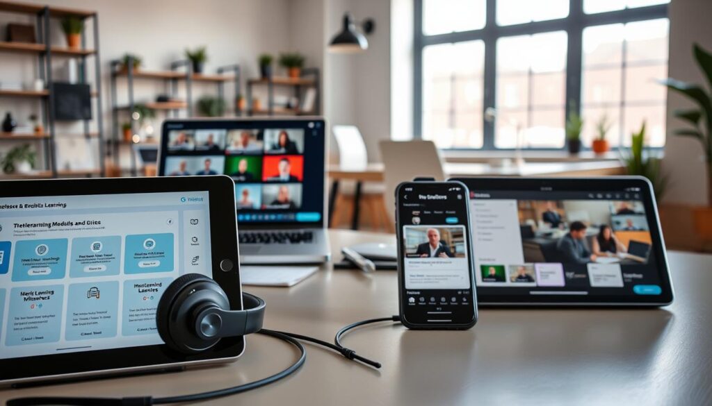 A professional development workspace featuring a variety of microlearning tools and resources. In the foreground, a tablet displays interactive learning modules and quizzes, with a pair of wireless headphones nearby. In the middle ground, a laptop showcases webinars and online courses, complemented by a smartphone displaying bite-sized video lessons. The background depicts a minimalist office setting with a desk, shelves, and plants, illuminated by natural light filtering through large windows. The overall atmosphere conveys a sense of focused productivity and accessible, technology-driven learning.