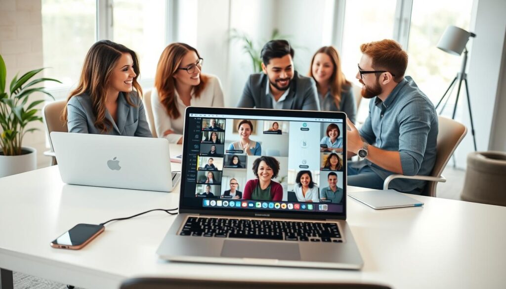 A remote work environment with a group of diverse professionals seamlessly collaborating using a variety of communication tools. In the foreground, a laptop, smartphone, and tablet are arranged on a clean, minimalist desk, their screens displaying video calls, chat windows, and file-sharing apps. The middle ground features a team of four people - two women and two men - engaged in a lively discussion, their body language and facial expressions conveying a sense of productive, synchronous communication. The background showcases a modern, airy home office setting with large windows, abundant natural lighting, and sleek, ergonomic furniture. The overall atmosphere is one of efficiency, connectivity, and a harmonious blend of technology and human interaction.
