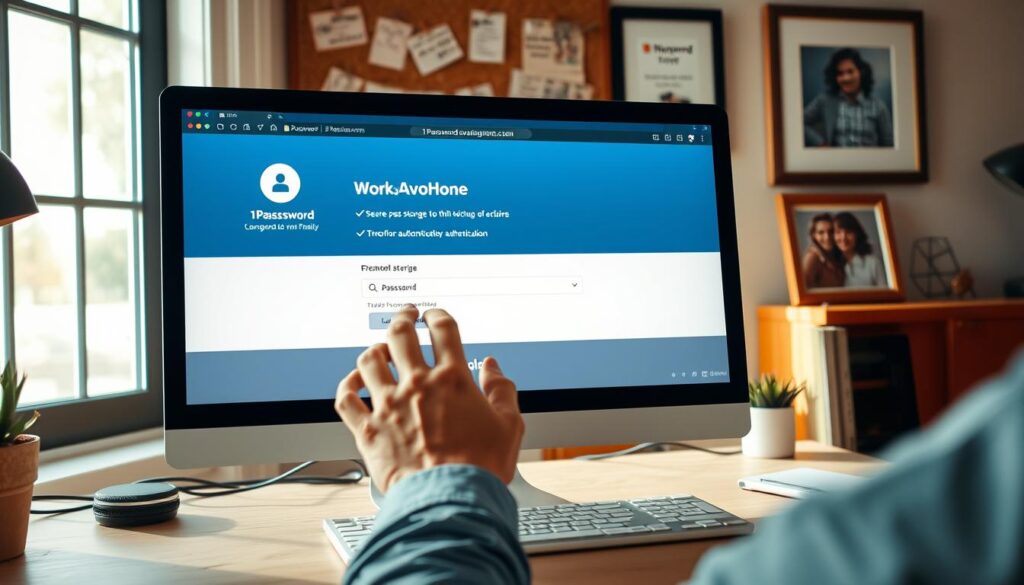 A remote worker's desk, bathed in warm, natural lighting from a large window. On the computer screen, the intuitive 1Password interface showcases password management features - secure storage, autofill, and two-factor authentication. The user's hands deftly navigate the app, underscoring its ease of use. In the background, a corkboard displays work-from-home reminders and a framed family photo, creating a cozy, productive atmosphere. The scene conveys the importance of password security and convenience for remote professionals, balancing functionality with a personal touch.