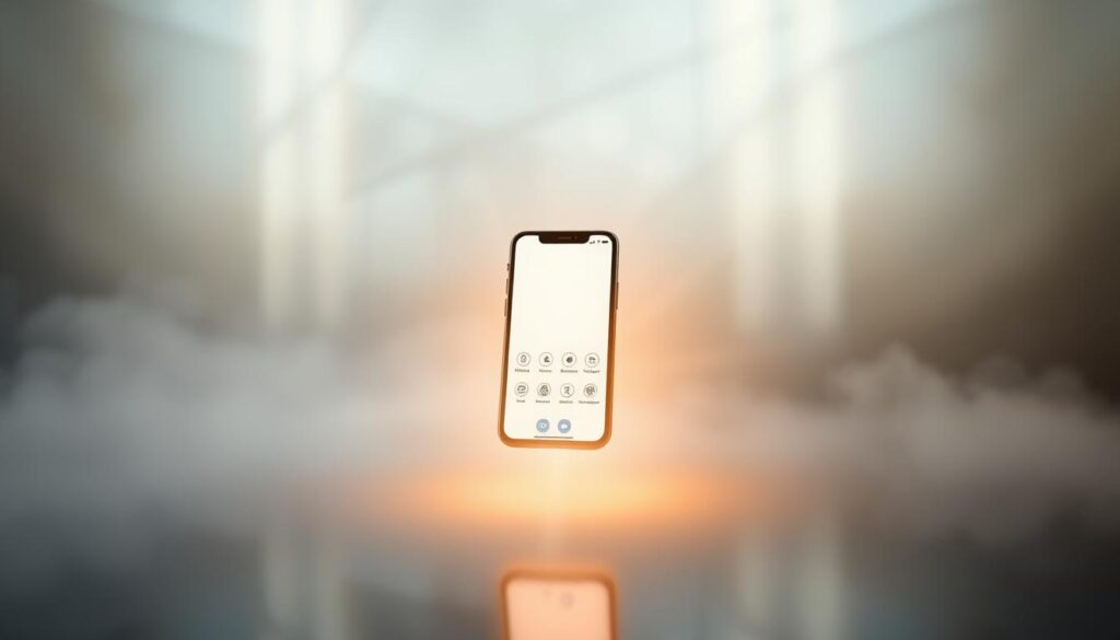 A serene and calming scene of a smartphone floating in a tranquil, meditative environment. The device is enveloped in a soft, warm glow, with rays of light filtering through a misty, ethereal background. The screen displays a minimalist interface, showcasing various mindfulness app icons and features. The composition is balanced, with the smartphone positioned in the center, surrounded by abstract shapes and patterns that evoke a sense of focus and inner peace. The overall atmosphere is one of digital technology seamlessly integrated with the practice of mindfulness, suggesting the harmonious convergence of the modern and the timeless.