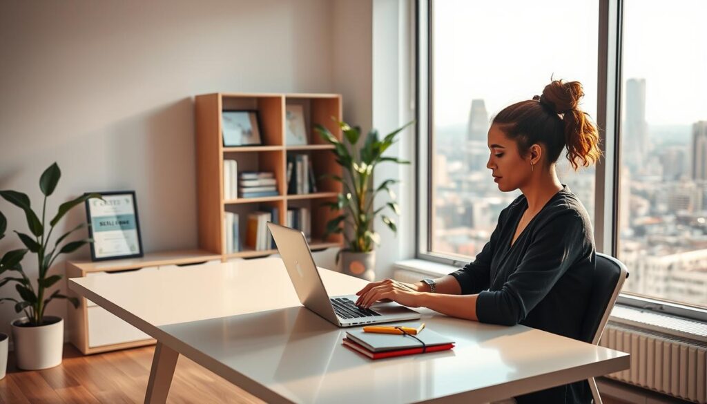 A serene and modern office interior, bathed in warm, natural light. In the foreground, a woman sits at a sleek, minimalist desk, intently focused on her laptop screen, engrossed in an online microlearning course. The middle ground features a bookshelf filled with relevant skill-building materials, complemented by a potted plant and a framed certificate, symbolizing her professional growth. The background showcases a large window overlooking a bustling cityscape, hinting at the boundless opportunities that await through continuous learning and development. The overall scene radiates a sense of focused productivity, personal empowerment, and a clear path towards career advancement.