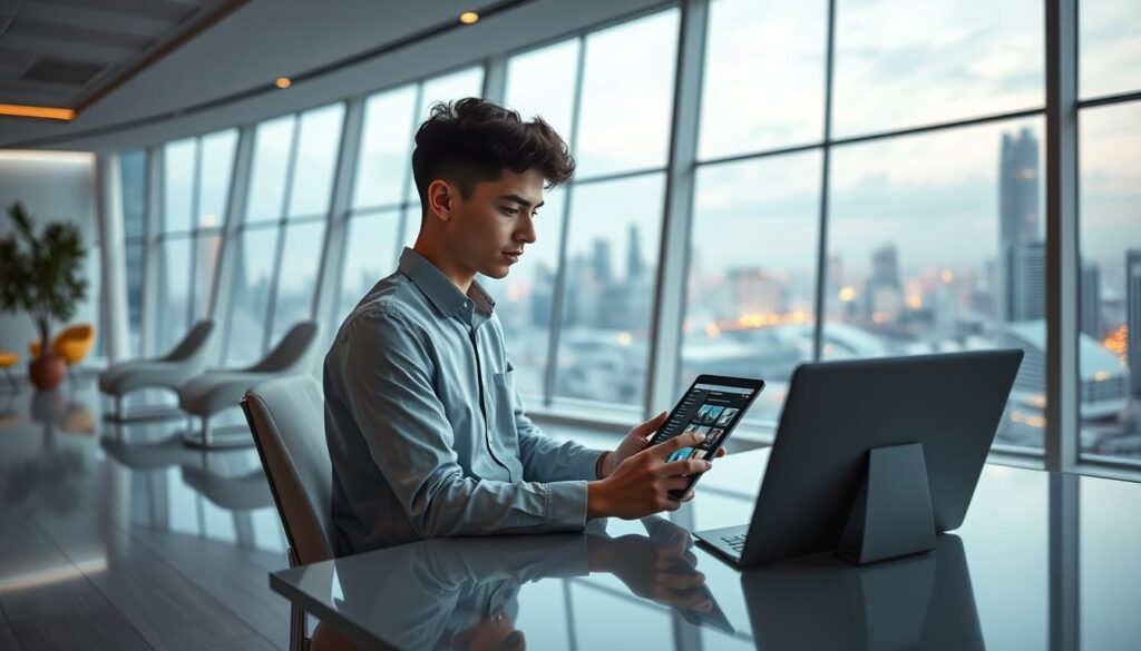 A serene, futuristic office space with sleek, minimalist furniture and large windows overlooking a city skyline. In the foreground, a young professional is seated at a desk, intently studying a tablet displaying a series of visually engaging microlearning modules. The image conveys a sense of continuous learning and personal growth, with the subject immersed in a self-directed, flexible learning experience enhanced by the latest digital technologies. The lighting is soft and diffused, creating a calming, focused atmosphere. The composition emphasizes the harmony between the individual and the workspace, highlighting the benefits of microlearning for career progression.