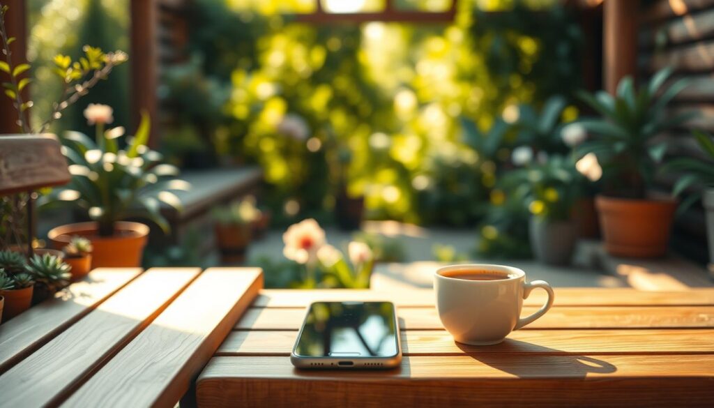 A serene garden oasis, bathed in warm, natural lighting and permeated by a sense of tranquility. In the foreground, a minimalist wooden bench invites contemplation, while delicate succulents and potted plants adorn the space. In the middle ground, a smartphone rests alongside a cup of herbal tea, symbolizing a conscious moment of digital detox. The background features a soothing blur of lush greenery, hinting at the restorative power of nature and mindfulness. The overall atmosphere exudes a calming, meditative energy, perfectly capturing the essence of "Mindfulness Apps for Technology Detox".