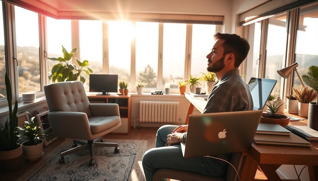 A serene home office, sunlight streaming through large windows, a plush chair and a wooden desk holding a laptop, plants, and other office supplies. In the foreground, a person sits comfortably, digital devices scattered around them, their gaze focused inward, a sense of calm and balance radiating from the scene. The background features a tranquil landscape, mountains in the distance, a gentle reminder of the importance of disconnecting and finding harmony between technology and mental wellbeing.