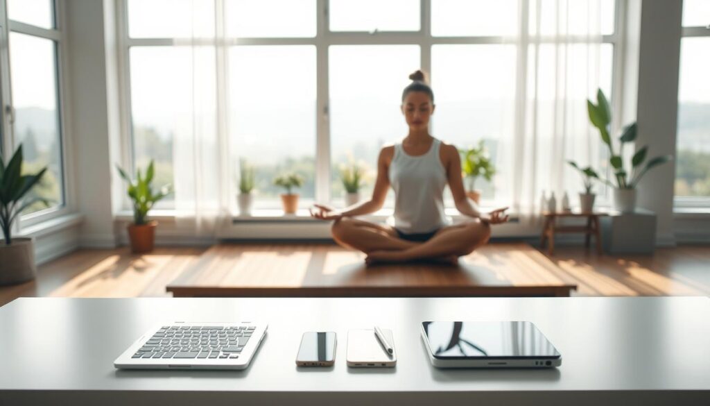 A serene, minimalist scene of digital wellness strategies. In the foreground, a person sitting in a comfortable lotus position, engrossed in meditation on a wooden platform. Soft, natural lighting filters through large windows, casting a warm, soothing glow. In the middle ground, a collection of digital devices - a laptop, smartphone, and tablet - arranged neatly on a sleek, uncluttered desk. The background features a calming, nature-inspired backdrop, perhaps with potted plants or a serene landscape visible through the windows. The overall atmosphere conveys a sense of focus, balance, and mindfulness, encapsulating the principles of digital wellness.
