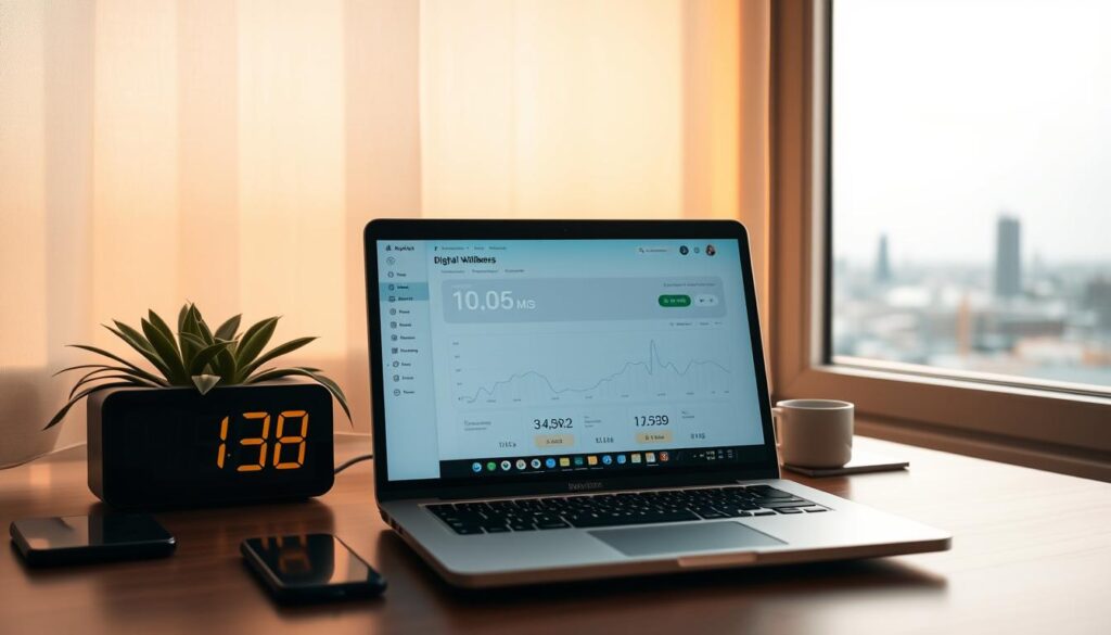 A serene, minimalist workspace with a laptop, a digital clock, and a plant. The laptop screen displays a digital wellbeing dashboard, visualizing screen time statistics and healthy usage patterns. Warm, diffused lighting from a window casts a soft glow, creating a calming atmosphere. The workspace is organized, with a clean, uncluttered design that promotes focus and mindfulness. In the background, a blurred cityscape suggests the modern, connected world, emphasizing the importance of digital wellbeing and screen time management in today's digital landscape.