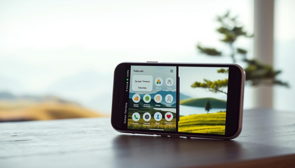 A serene, nature-inspired digital detox app interface displayed on a minimalist smartphone screen. In the foreground, an intuitive app dashboard with soothing icons representing features like screen time tracking, app blocking, and meditation tools. The middle ground showcases lush, tranquil landscapes - rolling hills, a tranquil lake, and a lone tree - evoking a sense of digital calm. Soft, natural lighting washes over the scene, creating a calming atmosphere. The background features a hazy, out-of-focus mountain range, emphasizing the theme of disconnecting from the digital world. The overall aesthetic is clean, modern, and inviting, encouraging mindful digital wellness.