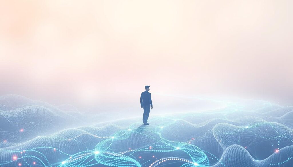 A serene pastel-hued digital landscape unfolds, with a lone figure navigating a winding path amidst glowing data streams and softly pulsing nodes. Delicate lines of code intertwine, forming intricate patterns that seem to flow and shift, inviting contemplation. Diffused light filters through a hazy atmosphere, casting a contemplative mood as the figure moves forward, exploring the balance between technology and well-being. The scene evokes a sense of tranquility and introspection, hinting at the paradoxical nature of our relationship with the digital realm and its impact on mental health.
