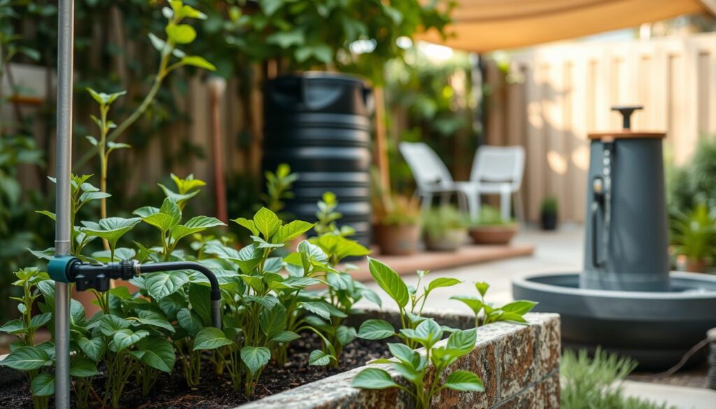 A serene scene of a well-maintained household garden, showcasing simple yet effective water conservation methods. In the foreground, lush green plants thrive in a neatly arranged planter, with a drip irrigation system visible, efficiently delivering water to the roots. In the middle ground, a rain barrel stands tall, collecting and storing precious rainwater for later use. The background features a partially shaded patio, where a small, modern water fountain recirculates and reuses water, creating a calming ambiance. The overall lighting is natural, with soft, diffused sunlight filtering through the surrounding foliage, capturing the tranquility of sustainable living.