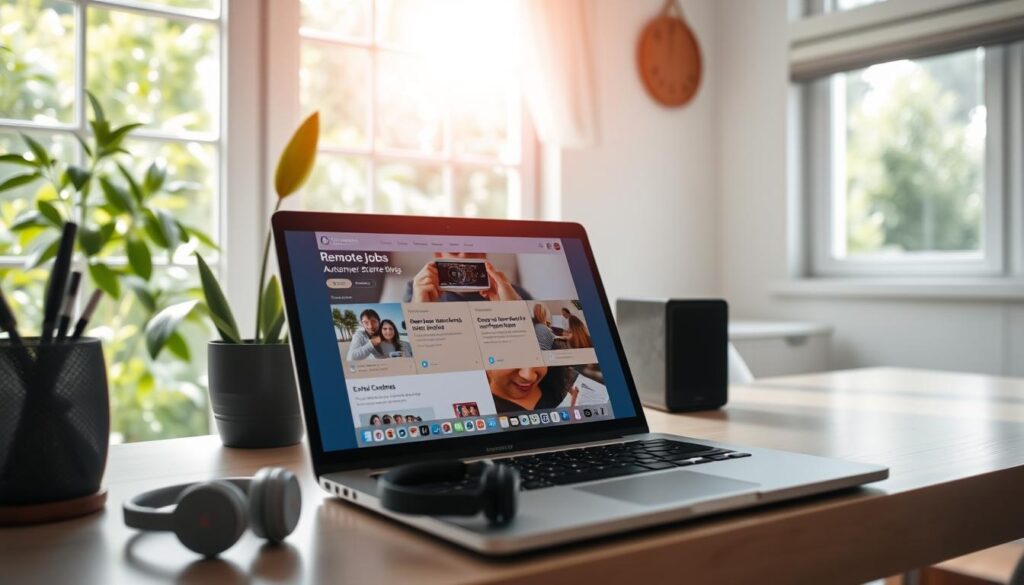 A serene, sun-dappled home office with a sleek laptop, wireless headphones, and a minimalist desk organizer. In the background, a large window offers a view of a lush, verdant garden, hinting at the flexibility and work-life balance of remote employment. Soft, warm lighting and a neutral color palette create a calming, productive atmosphere. The foreground features various remote job opportunities displayed on the laptop screen, representing the diverse virtual roles available to entry-level professionals. A sense of opportunity and possibility permeates the scene, inviting the viewer to explore the world of remote work.