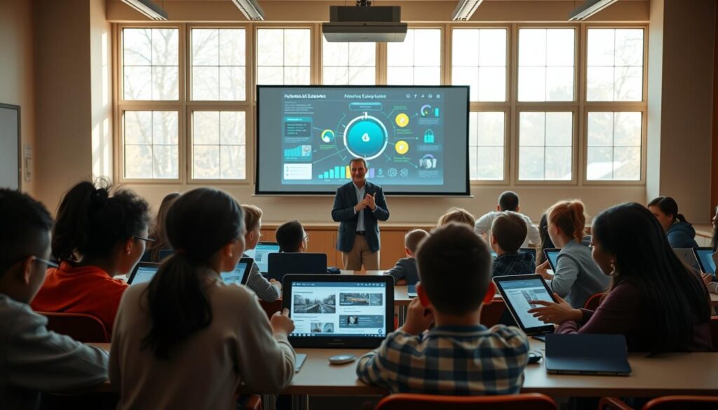A serene, well-lit classroom setting with a large projection screen at the front, showcasing an interactive AI-powered educational interface. In the foreground, a group of diverse students intently engaged with their tablets, exploring interactive course materials. The middle ground features a teacher, standing thoughtfully, guiding the class through the digital lesson. The background depicts a warm, natural-toned environment with large windows, allowing ample natural light to flood the space. The overall mood is one of collaborative learning, seamless technology integration, and a sense of exploration and discovery.