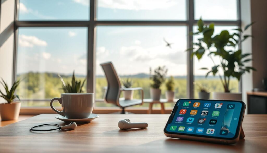 A serene, well-lit office space with a large window overlooking a lush, verdant landscape. In the foreground, a sleek and modern smartphone rests on a minimalist wooden desk, its screen displaying a variety of mental health app icons. Nearby, a pair of wireless earbuds and a cup of herbal tea create a calming, therapeutic atmosphere. The middle ground features a stylish, ergonomic office chair and a handful of potted plants, echoing the natural elements visible through the window. The background showcases a tranquil, sunlit exterior, with wispy clouds and birds soaring overhead, conveying a sense of mental clarity and well-being.