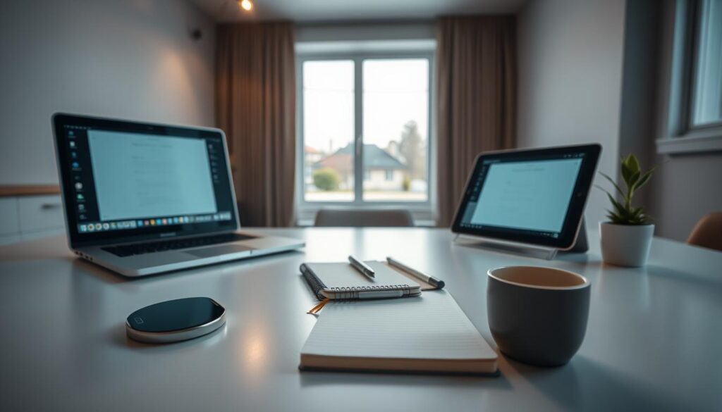 A serene workspace with a balanced array of digital devices and analog tools, bathed in warm, soft lighting. In the foreground, a laptop, smartphone, and tablet are arranged in a harmonious composition, their screens displaying productivity apps. Alongside them, a notebook, pen, and a small potted plant create a visually pleasing contrast. The middle ground features a minimalist desk design, with clean lines and a sense of order. In the background, a large window allows natural light to filter in, creating a tranquil and contemplative atmosphere. The overall scene conveys a sense of digital-analog balance, promoting mindful and intentional screen time management.