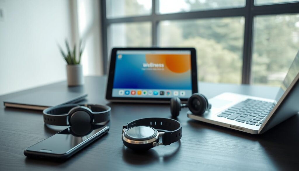 A serene workspace with a minimalist desk, a laptop, and an assortment of digital wellbeing tools. In the foreground, a smartphone, a smartwatch, and a pair of noise-cancelling headphones sit neatly arranged, symbolizing the importance of managing digital distractions. The middle ground features a sleek tablet displaying a wellness app, while the background showcases a large window with natural lighting, creating a calming atmosphere. The overall scene conveys a sense of balance and control, emphasizing the rising need for effective digital wellbeing solutions.