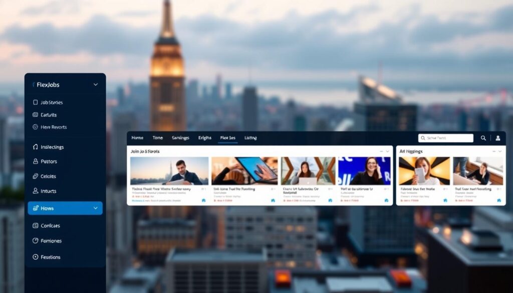 A sleek and modern navigation interface for the FlexJobs platform, with a clean and intuitive design. The foreground features a minimalist menu bar with clear icons and labels, guiding users through various job search categories and filters. The middle ground showcases a vibrant job board, displaying diverse remote work opportunities with detailed listings. In the background, a soft, blurred cityscape serves as a backdrop, evoking a sense of professionalism and global connectivity. The lighting is soft and diffused, creating a warm and inviting atmosphere, while the camera angle is slightly elevated, providing an overview of the navigation experience. The overall aesthetic is polished, user-friendly, and reflective of FlexJobs' commitment to connecting talented individuals with flexible, remote work options.