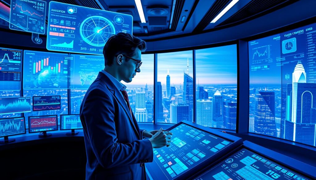 A sleek, futuristic control center filled with holographic displays, floating data visualizations, and interactive dashboards. In the foreground, a stylish scientist or financial analyst uses a touchscreen interface to manipulate asset allocation models and trading algorithms. Behind them, a panoramic window reveals a bustling cityscape, with towering skyscrapers and glowing financial district. Cool, bluish lighting and a sense of technological sophistication pervade the scene, reflecting the power and precision of AI-driven investment strategies.