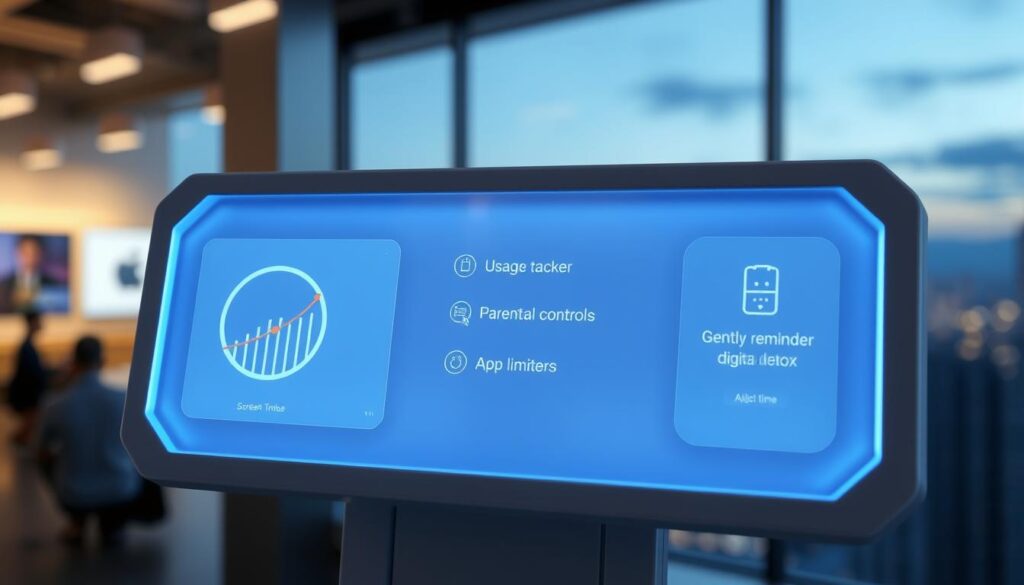 A sleek, futuristic control panel displays various screen time management tools - a usage tracker, parental controls, app limiters, and a gentle reminder for a digital detox. Soft blue lighting illuminates the display, evoking a calm, technological atmosphere. The interface is minimalist and intuitive, showcasing the seamless integration of technology in managing our digital lives. In the background, a blurred cityscape suggests the ubiquity of screens in the modern world, while the foreground focus on the control panel emphasizes the importance of proactive screen time management.