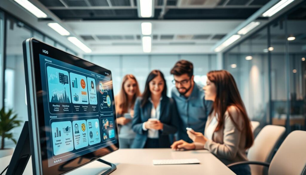 A sleek, futuristic learning technology platform set against a backdrop of a minimalist, high-tech office space. In the foreground, a seamless touchscreen interface displaying a range of interactive educational modules, with dynamic visualizations and intuitive navigation. The middle ground features a group of young professionals immersed in collaborative learning activities, their expressions engaged and thoughtful. Soft, indirect lighting emanates from concealed sources, creating a warm, inviting atmosphere conducive to deep concentration and knowledge exchange. The overall scene conveys a sense of advanced, efficient, and user-centric learning, reflecting the cutting-edge capabilities of the best microlearning platforms.