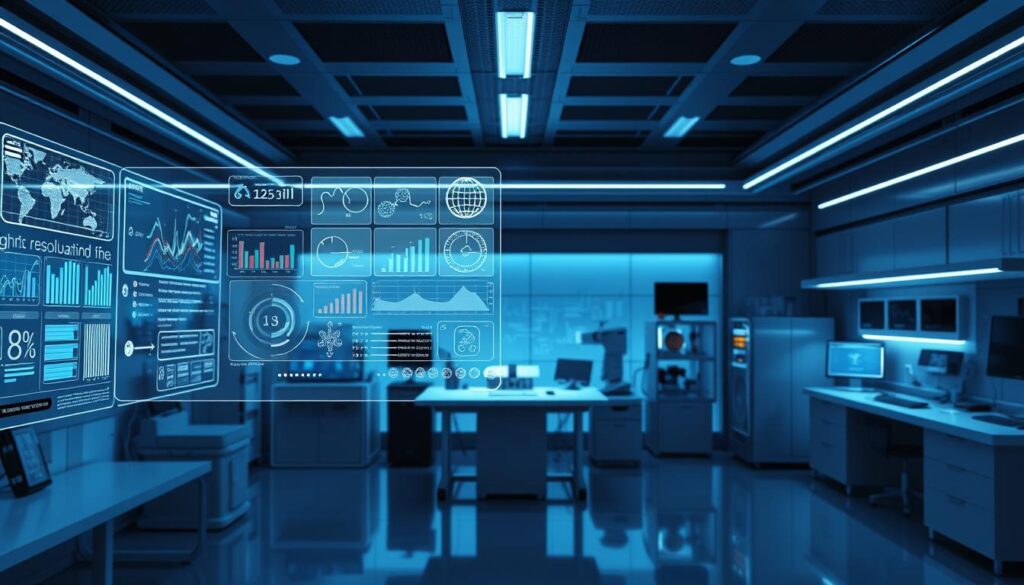 A sleek, futuristic research lab with advanced AI-powered analytical tools. In the foreground, a holographic display showcases intricate data visualizations, animated infographics, and complex algorithms. The middle ground features various state-of-the-art devices, including a high-resolution 3D scanner, a quantum computing console, and a neural network training rig. The background is bathed in a cool, blue-hued lighting, creating a serene and focused atmosphere. The overall scene conveys a sense of cutting-edge technology, scientific inquiry, and the seamless integration of AI into the research workflow.