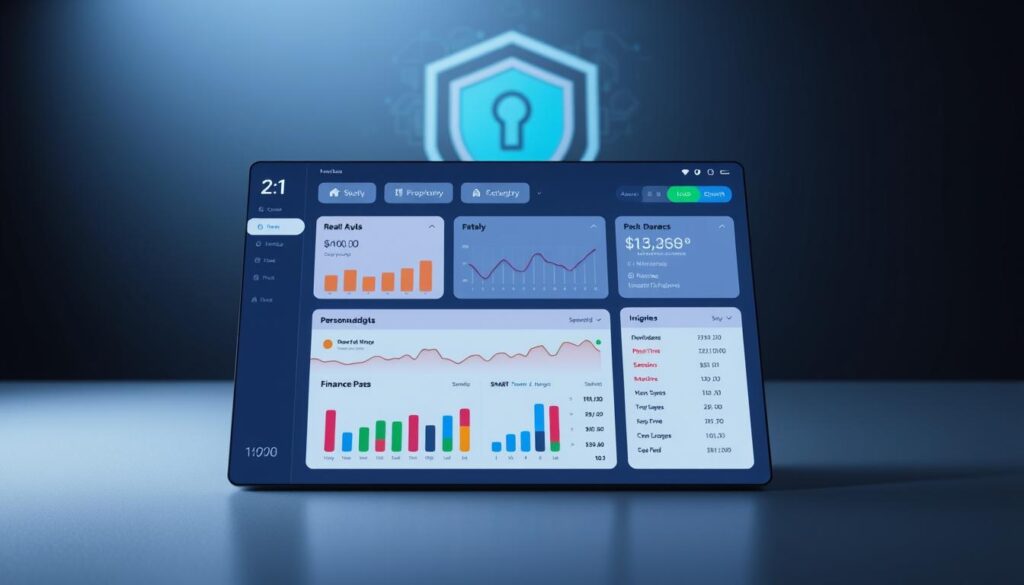 A sleek, modern interface showcasing an intuitive AI-powered budget management system. In the foreground, a stylized dashboard displays real-time financial data, personalized spending insights, and smart recommendations. The middle ground features colorful charts, graphs, and visualizations, while the background subtly incorporates geometric patterns and a muted color palette suggestive of a secure, high-tech environment. Soft, directional lighting creates depth and highlights the system's elegant, user-centric design. The overall mood is one of efficiency, control, and a seamless blend of technology and personal finance.