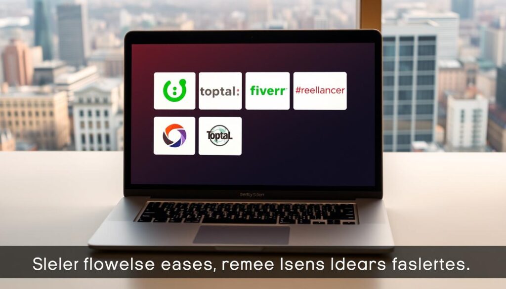 A sleek, modern laptop rests on a minimalist desk, its screen displaying a grid of various remote job platform logos - Upwork, Fiverr, Freelancer, and Toptal. The laptop is bathed in warm, indirect lighting, creating a cozy, inviting atmosphere. In the background, a panoramic window reveals a bustling city skyline, symbolizing the global reach and accessibility of these remote work opportunities. The composition conveys a sense of professionalism, opportunity, and the ease with which beginners can navigate these platforms to find their ideal remote positions.