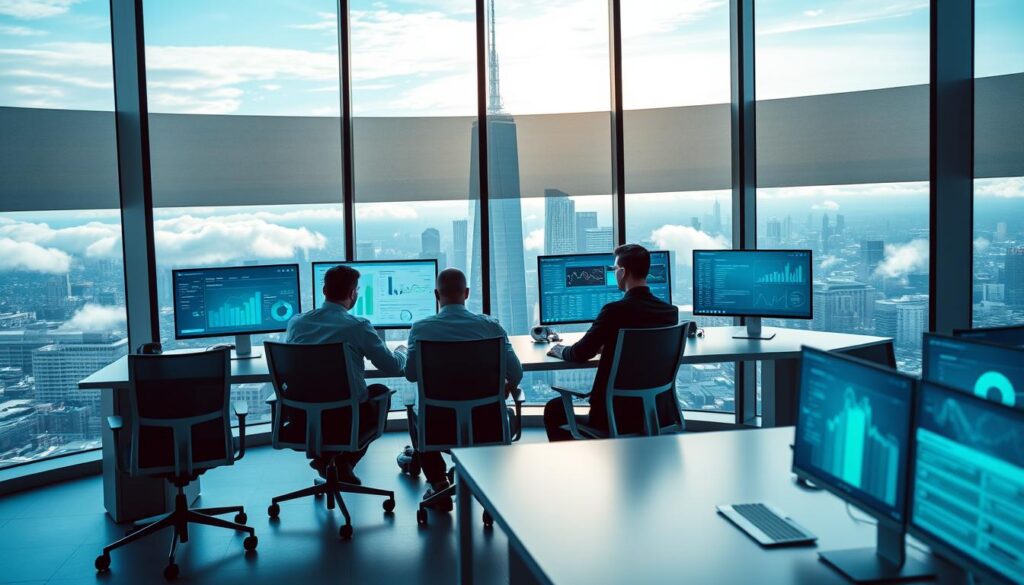 A sleek, modern office setting with floor-to-ceiling windows overlooking a bustling city. At the center, a team of financial analysts intently studying interactive AI-powered dashboards and visualizations on their high-resolution monitors. Subtle blue and green hues cast a sense of technological innovation, while streamlined desks and ergonomic chairs convey efficiency. In the background, a towering skyscraper silhouette and wispy clouds add depth and a sense of scale. The lighting is natural, with soft shadows accentuating the clean, minimalist design. The overall atmosphere evokes a future-forward, data-driven approach to financial planning and budgeting.