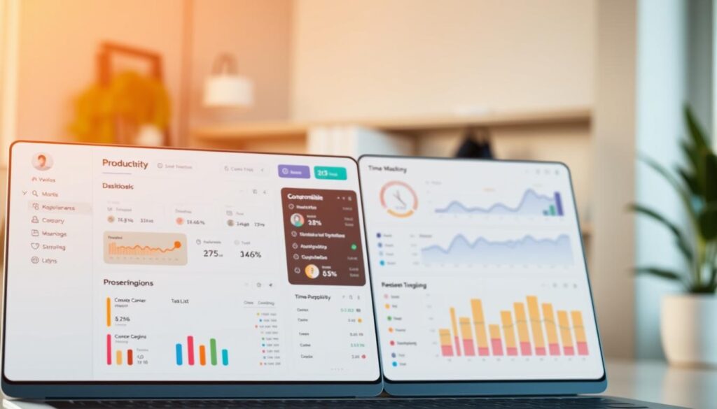 A sleek, modern software interface with intuitive time management features. In the foreground, a clean dashboard showcases productivity metrics, task lists, and time-tracking tools. The middle ground features customizable widgets and charts, providing a comprehensive overview of individual and team performance. The background is softly blurred, emphasizing the software's streamlined focus on enhancing remote work productivity. Warm, natural lighting casts a professional, productive atmosphere. Captured with a high-resolution, wide-angle lens to highlight the software's clean and user-friendly design.