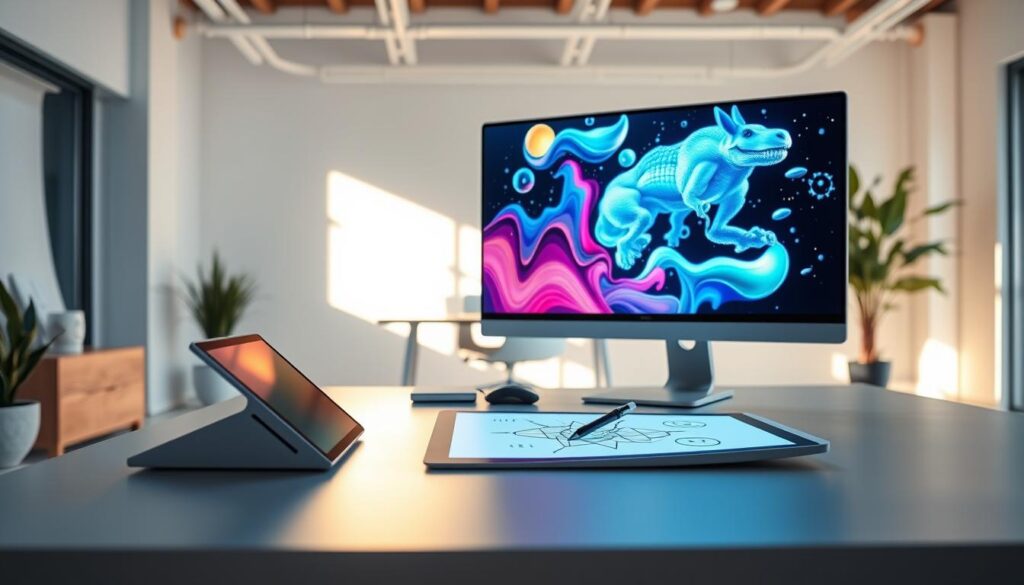 A sleek, modern workspace with a large, high-resolution display showcasing vibrant, AI-generated visual content. In the foreground, a stylish desktop computer and drawing tablet with a neutral color scheme, hinting at the powerful technology powering the visual creation process. The middle ground features a thoughtfully-designed ergonomic chair and desk, bathed in warm, natural lighting that casts subtle shadows. In the background, a minimalist, open-concept office environment with clean lines and hints of greenery, reflecting a harmonious, productivity-focused atmosphere. The overall scene conveys a sense of efficiency, creativity, and the seamless integration of AI-driven tools into the contemporary workday.