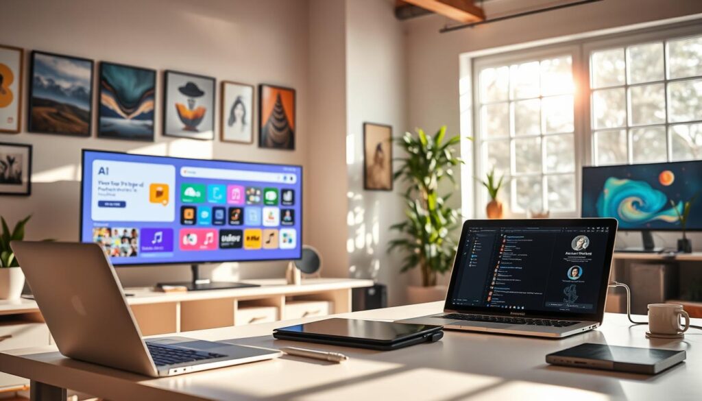 A sun-drenched office space, filled with an array of digital tools and technologies. In the foreground, a sleek laptop, a stylus, and a tablet sit atop a modern, minimalist desk. In the middle ground, an array of colorful, customizable AI-powered applications are displayed on a large, high-resolution monitor, showcasing their capabilities and features. In the background, the walls are adorned with inspiring productivity-focused artwork, and a large window allows natural light to flood the room, creating a warm and inviting atmosphere. The overall scene conveys a sense of efficiency, creativity, and the seamless integration of cutting-edge AI tools into everyday productivity workflows.