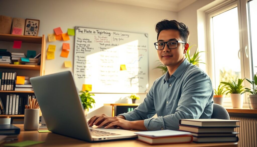 A sunlit home office, brimming with success stories. In the foreground, a laptop displays vibrant graphs and charts, visualizing the impact of microlearning on professional development. Surrounding it, a neatly organized workspace with colorful sticky notes, inspiring books, and a thoughtful expression on the face of a young professional. In the middle ground, a wall-mounted whiteboard showcases handwritten testimonials and milestones, a testament to the transformative power of bite-sized learning. The background features warm, natural lighting filtering through large windows, creating a serene and productive atmosphere. Subtle hints of greenery and modern decor elements complete the scene, conveying a sense of balance and harmony between work and personal growth.