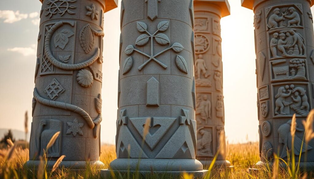 A towering trio of sculpted stone pillars stands in a sunlit meadow, their surfaces weathered and textured. The central pillar represents environmental sustainability, its surface adorned with intricate leaf and vine patterns. To its left, the pillar of economic sustainability is adorned with geometric shapes and symbols of commerce. To the right, the pillar of social sustainability is carved with scenes of community and human connection. Warm, diffused lighting casts gentle shadows, creating a sense of balance and harmony. The scene conveys a timeless, natural beauty, inviting the viewer to contemplate the interconnected pillars of sustainable living.