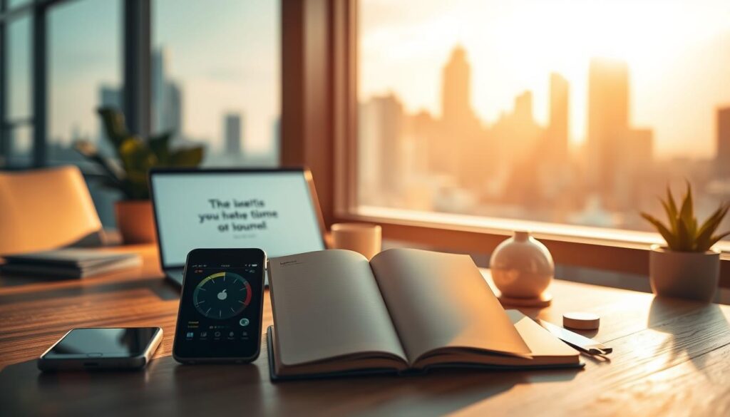 A tranquil digital sanctuary, bathed in warm, natural lighting. In the foreground, a serene array of meditative apps and wellbeing tools - a mindfulness timer, a digital journal, and a calming music player. The middle ground features a minimalist workspace with a laptop, potted plant, and a inspirational quote. In the background, a blurred cityscape with skyscrapers, suggesting the juxtaposition of urban life and digital self-care. The overall mood is one of balance, introspection, and the harmonious integration of technology and personal wellness.