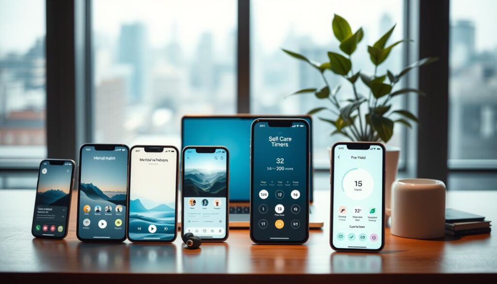 A tranquil digital workspace with a soothing color palette of blues and greens. In the foreground, an array of stylish smartphone screens displaying various mental health app interfaces - serene landscapes, self-care tools, meditation timers, and mood-tracking widgets. The middle ground features a minimalist desk setup with a laptop, wireless headphones, and a potted plant, hinting at a balanced digital-physical environment. The background showcases a blurred cityscape through a large window, conveying a sense of urban connectivity yet peaceful introspection. Warm, diffused lighting creates a calming atmosphere, inviting the viewer to explore these digital wellbeing resources.