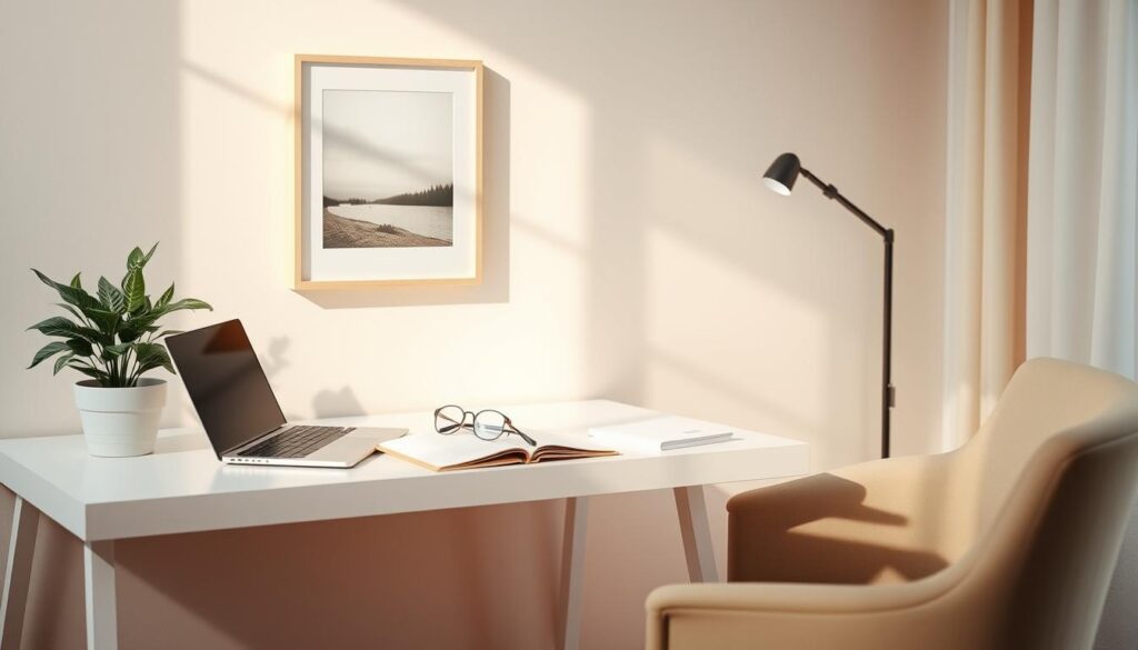 A tranquil home office with a minimalist desk, a laptop, and a potted plant, set against a warm, natural-lit backdrop. The desk is free of clutter, with a simple notebook and a pair of reading glasses. The wall behind the desk features a framed nature photograph, instilling a sense of calm and balance. The lighting is soft and diffused, creating a soothing atmosphere that encourages mindfulness and reduced screen time. A cozy armchair sits nearby, inviting the viewer to step away from the digital world and engage in more analog activities.