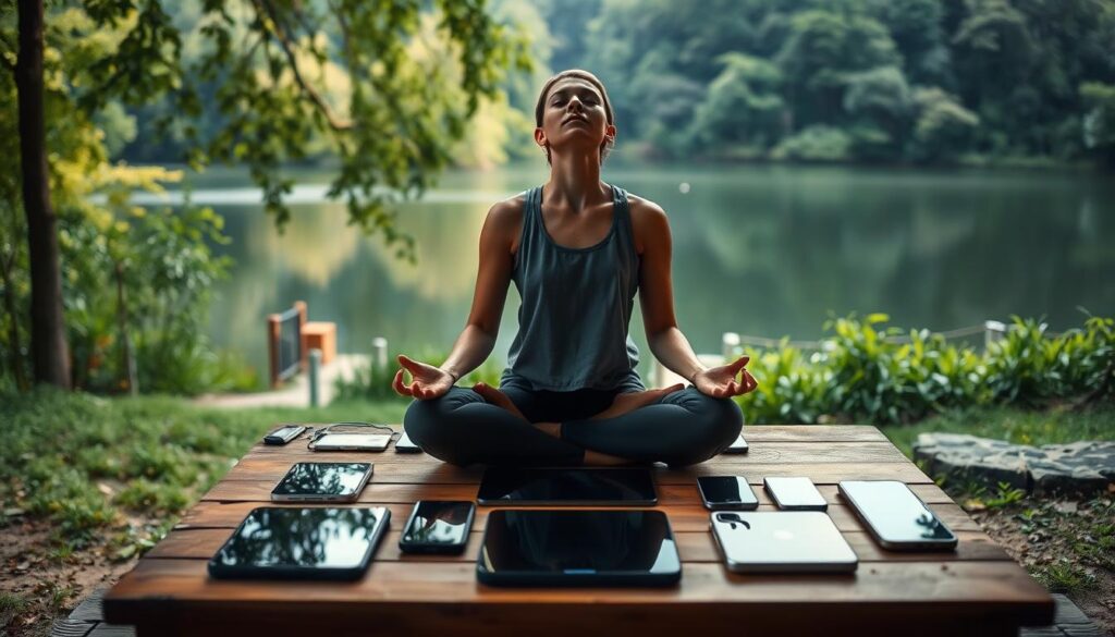A tranquil outdoor scene with lush greenery and a serene lake in the background. In the foreground, a person sits cross-legged on a natural stone bench, eyes closed in meditation, surrounded by an array of digital devices placed neatly on a wooden table. The lighting is soft and diffused, creating a calming ambiance. The camera angle is at eye level, capturing the peaceful, restorative atmosphere. The overall mood conveys the importance of disconnecting from technology and embracing mindful practices for digital well-being.