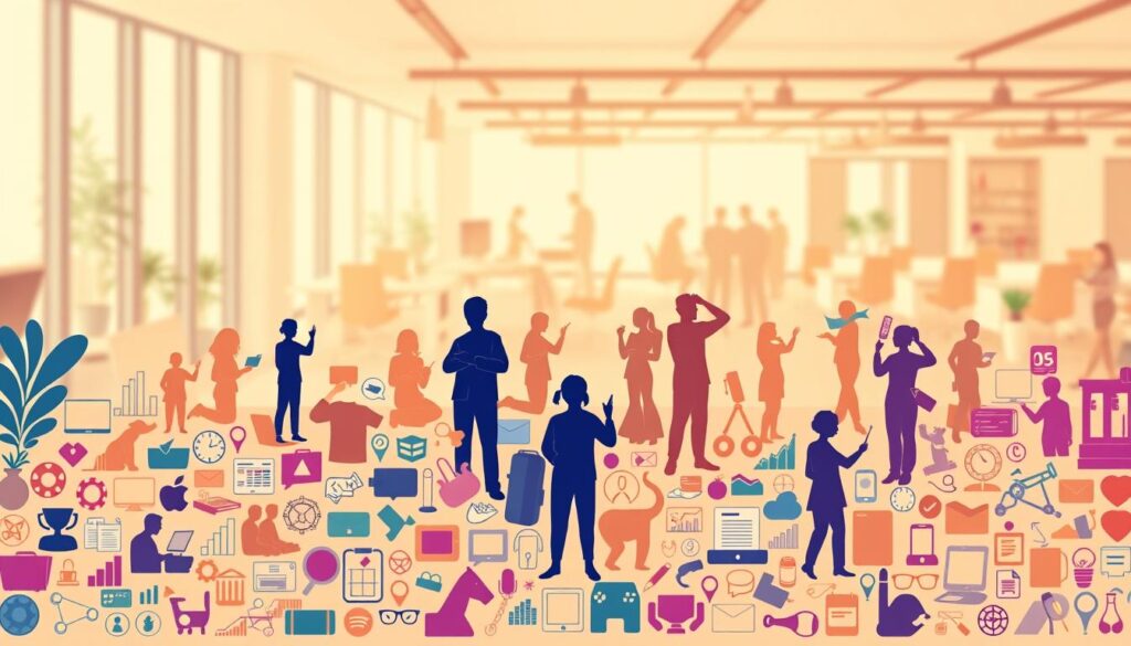 A vibrant, dynamic illustration showcasing the diverse job categories offered by the remote work platform We Work Remotely. In the foreground, a mosaic of icons representing various professions - from software engineering and design to marketing and customer service. The middle ground features silhouettes of remote workers, each uniquely posed, conveying a sense of productivity and collaboration. The background is a soft, blurred landscape of contemporary office interiors, hinting at the flexibility and comfort of remote work. The overall composition is infused with a warm, optimistic tone, inviting the viewer to explore the boundless opportunities for entry-level remote employment.