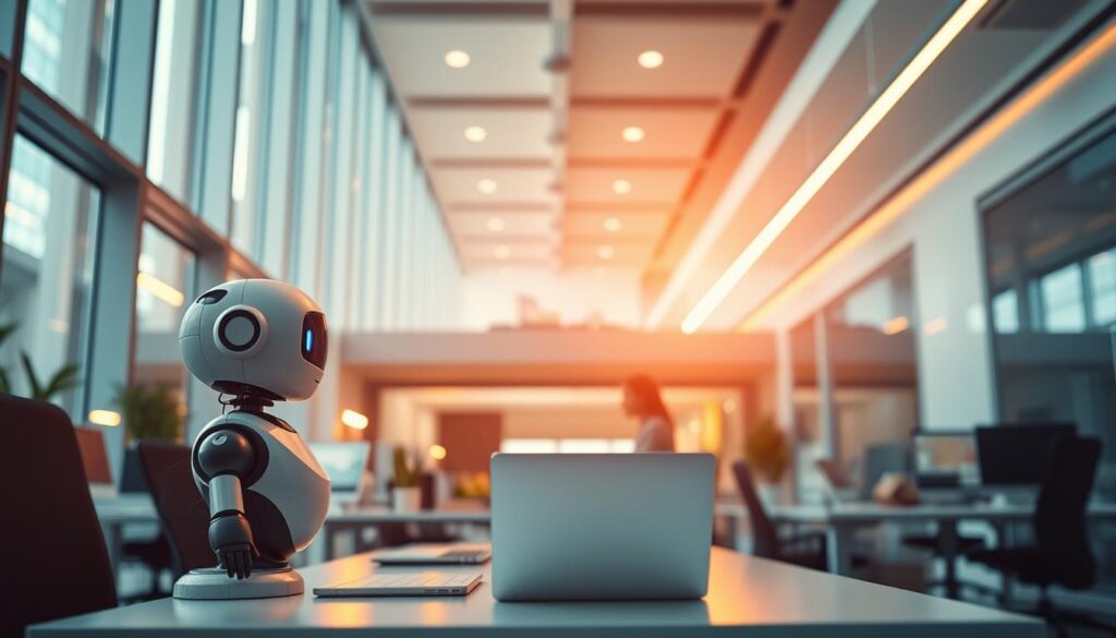 A vibrant office scene showcased against a backdrop of sleek, modern architecture. In the foreground, an array of AI-powered productivity tools - from a humanoid assistant chatbot to a voice-activated note-taking app - are seamlessly integrated into the work environment. Soft, directional lighting illuminates the space, casting a warm, productive glow. The scene is captured from a low, wide-angle perspective, emphasizing the harmony between human and AI collaboration. The atmosphere is one of efficiency, innovation, and a glimpse into the future of workplace productivity.