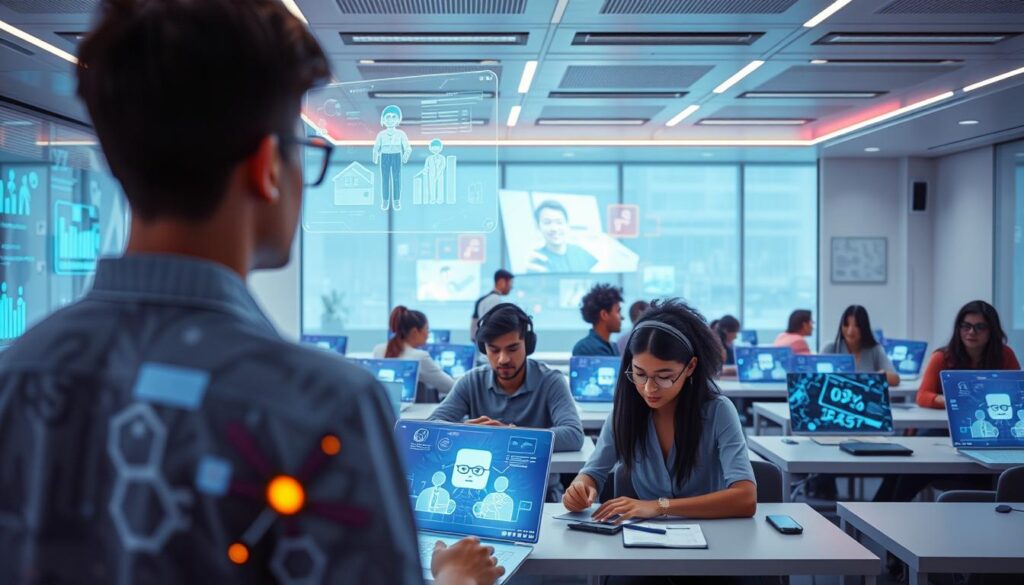 A vision of a virtual classroom, a futuristic space where learning evolves. In the foreground, holographic displays showcase interactive lessons, their vibrant holograms suspended in mid-air. In the middle ground, students of diverse backgrounds collaborate on shared digital workspaces, their faces illuminated by the glow of immersive screens. The background reveals a panoramic view of a sleek, minimalist environment, with intelligent lighting and seamless technological integration, creating a harmonious and focused atmosphere for effortless upskilling. Soft, diffused lighting casts a warm, welcoming ambiance, inviting employees to embrace the power of microlearning in this cutting-edge virtual realm.