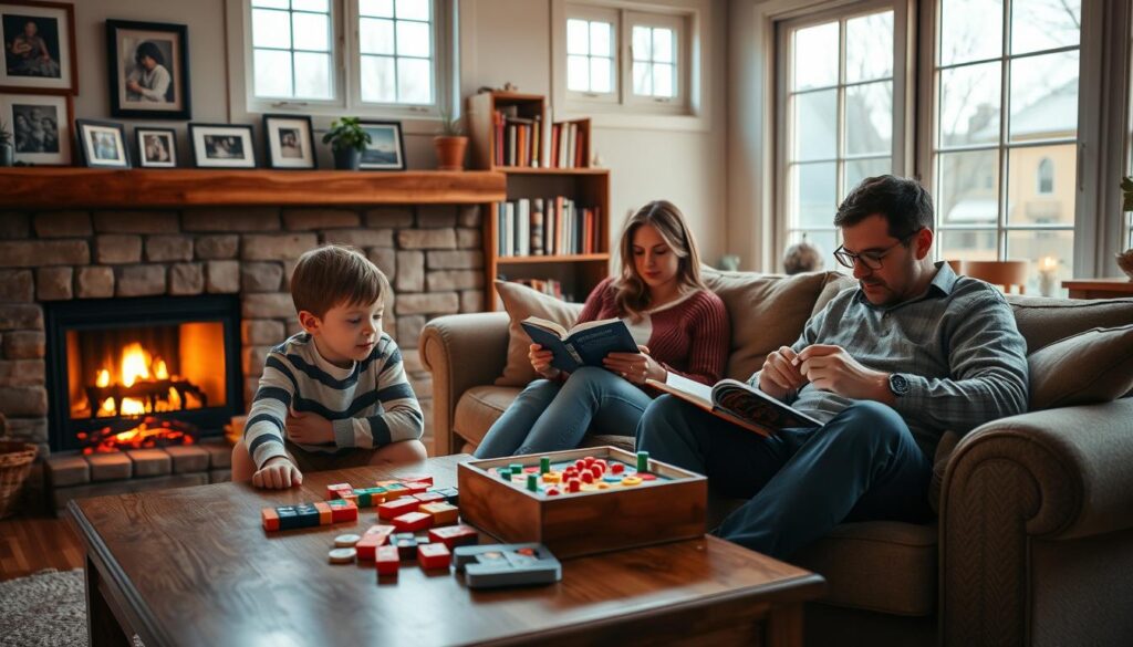 A warm, cozy living room with a family of four engaged in various screen-free activities. In the foreground, a young boy and girl are playing a board game on a wooden coffee table, their faces lit by the soft glow of a fireplace. In the middle ground, the parents sit on a plush sofa, the mother reading a book and the father sketching in a notebook. Soft, natural lighting filters in through large windows, casting a golden hue over the scene. The walls are adorned with framed family photos and shelves of books, creating a sense of comfort and togetherness. The overall atmosphere is one of relaxation, quality time, and a deliberate disconnect from digital distractions.