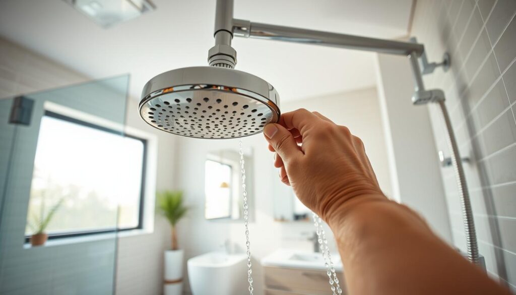 A well-lit, detailed scene of a bathroom interior. In the foreground, a plumber's hands carefully installing a modern, low-flow showerhead onto a shower arm. The showerhead features sleek, minimalist design in chrome finish. The middle ground shows the surrounding tiled walls, vanity, and fixtures, all in a clean, contemporary style. The background reveals a large window letting in natural daylight, illuminating the space. The overall mood is one of efficiency, practicality, and environmental consciousness.