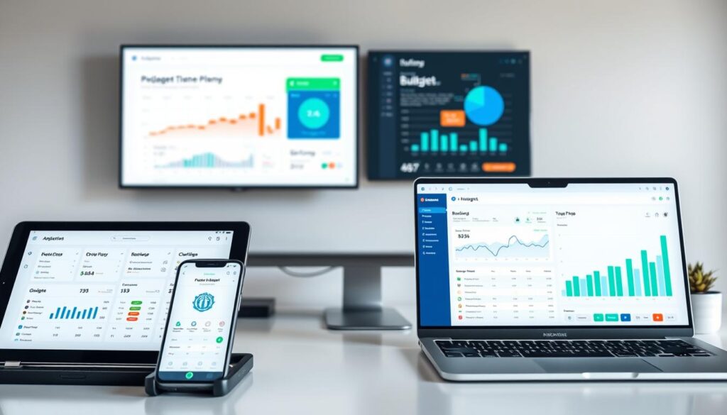 A well-lit, high-resolution image of an array of sleek, modern budgeting tools and software interfaces displayed on a minimalist desk setup. In the foreground, a tablet and smartphone screen show clean, intuitive budgeting dashboards with charts, graphs, and expense categorization. In the middle ground, a laptop displays a personal finance management app, highlighting its AI-powered features and personalized insights. In the background, a wall-mounted monitor showcases a business-oriented budgeting platform, depicting its advanced forecasting and team collaboration capabilities. The scene conveys a sense of efficiency, organization, and the seamless integration of AI-driven budgeting solutions into everyday personal and professional financial management.