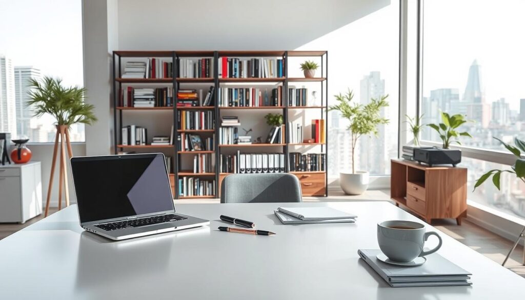 A well-lit office interior with a large desk in the foreground, featuring a laptop, stationery, and a cup of coffee. In the middle ground, a bookshelf with a variety of books and professional development materials. The background showcases a bright, airy window with a cityscape visible outside, creating a sense of connection to the wider world. The overall atmosphere is one of productivity, focus, and the pursuit of personal and professional growth.