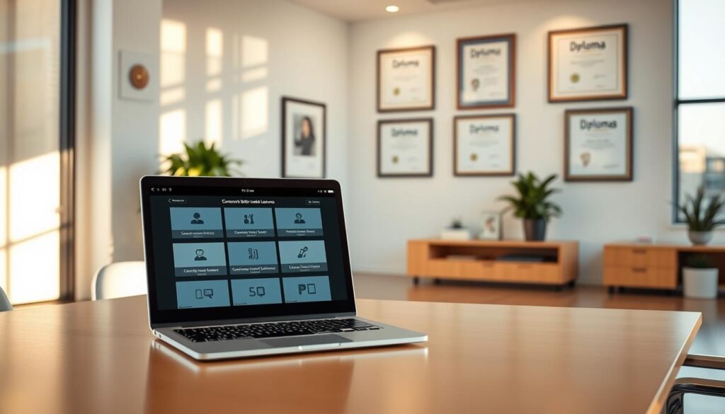 An elegant modern office space with sleek, minimalist furniture and clean lines. On the desk, a laptop displays a series of concise, bite-sized lessons on a digital learning platform. The walls are adorned with framed certificates and diplomas, symbolizing the educational achievements enabled by the microlearning programs. Warm, natural lighting filters in through large windows, creating a serene and productive atmosphere. The scene conveys a sense of focused, efficient self-improvement, where small steps lead to big transformations.