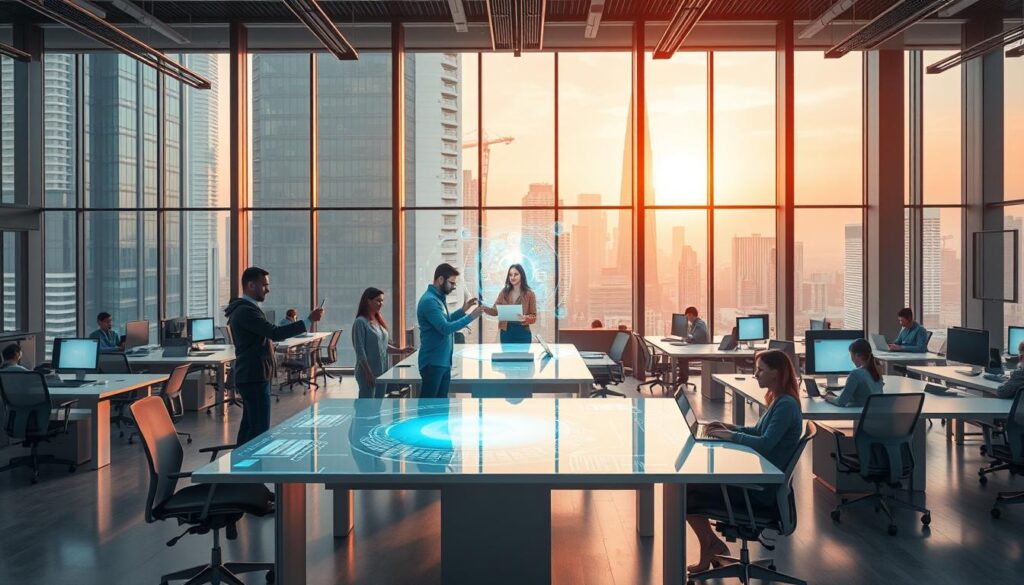 An expansive office space with sleek, minimalist desks and chairs arranged in a dynamic, open-concept layout. In the foreground, a team of professionals collaborating intuitively on a futuristic holographic display, their movements seamlessly synchronizing with the AI-powered interface. The middle ground features several individuals working diligently on their laptops, immersed in various productivity-enhancing tasks. The background showcases towering windows overlooking a vibrant city skyline, bathed in warm, natural lighting that creates a sense of productivity and innovation. This image conveys the cutting-edge, efficient, and collaborative nature of AI-driven productivity solutions in the modern workplace.