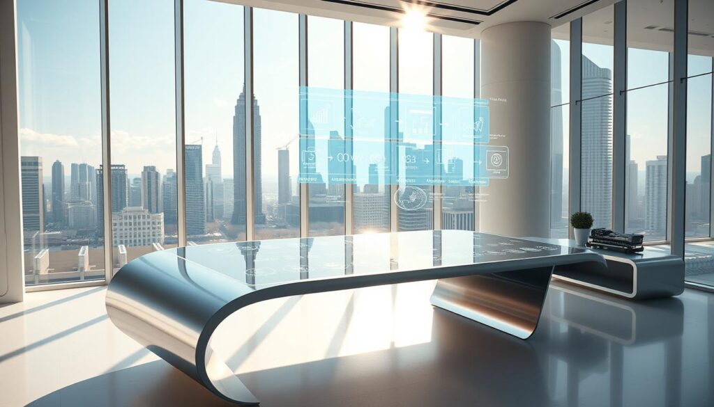 An ultra-modern office workspace with a sleek, minimalist design. Sunlight streams in through floor-to-ceiling windows, illuminating a curved, floating desk made of brushed aluminum. On the desk, a state-of-the-art touchscreen interface displays various productivity apps and task management tools. A holographic projection hovers above, showcasing 3D visualizations of project timelines and workflow. In the background, a towering cityscape with futuristic skyscrapers and drone traffic. The atmosphere is one of efficiency, innovation, and technological empowerment.